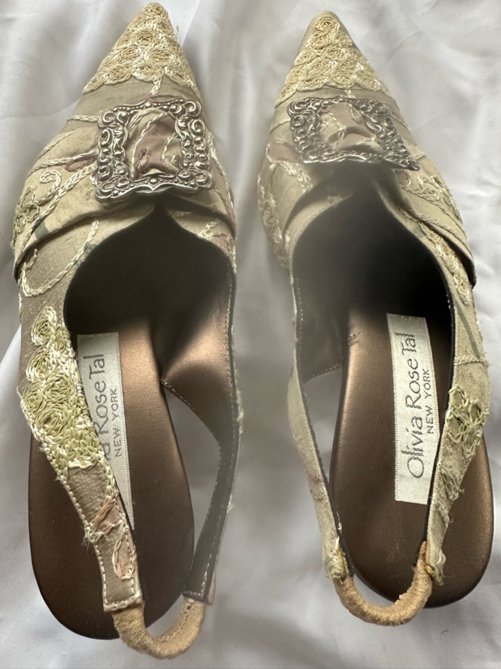 Olivia Rose Tal Embroidered Slingbacks - kitten heel - Decorative Buckle